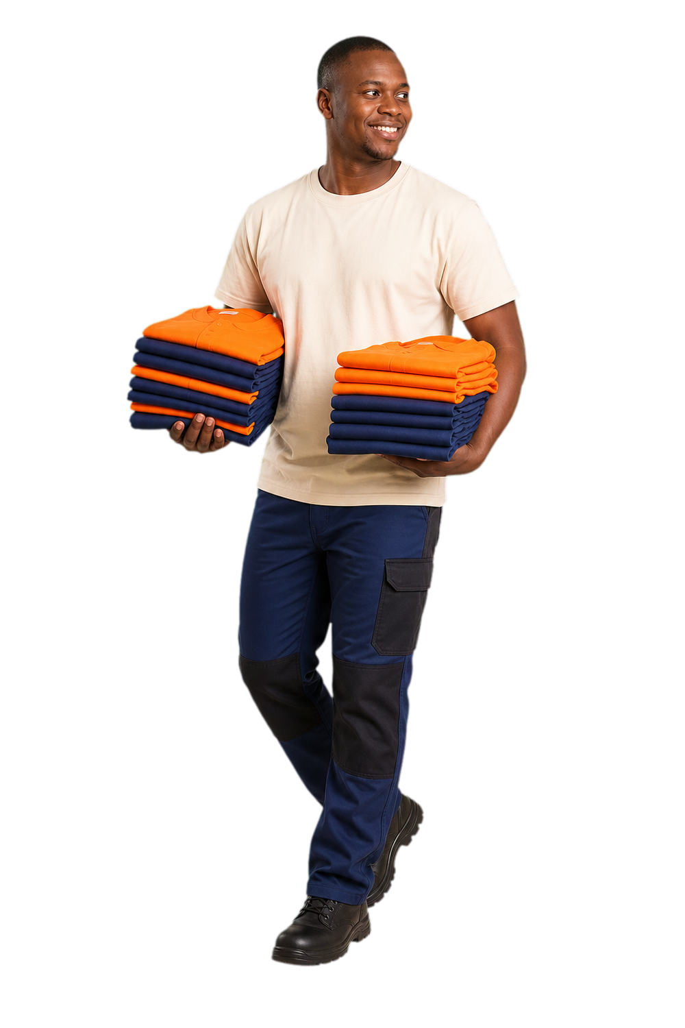 Warehouse team leader carrying folded bulk-order T-shirts
