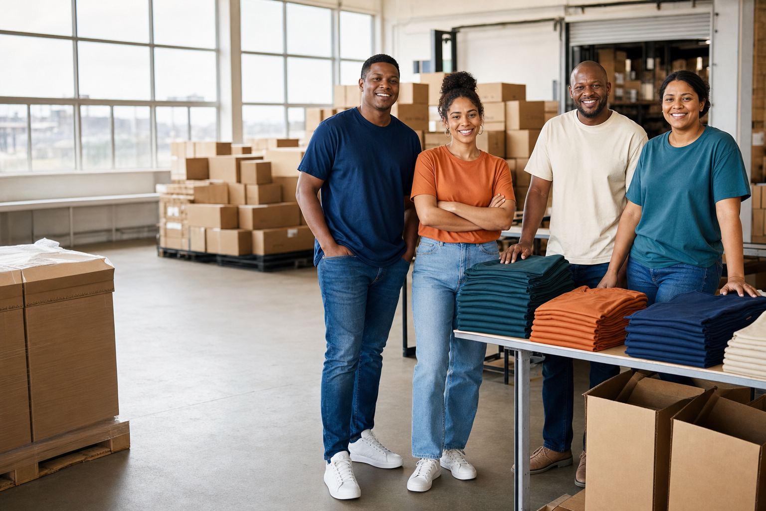 South African operations team in a warehouse wearing navy, orange, cream and teal bulk-order T-shirts