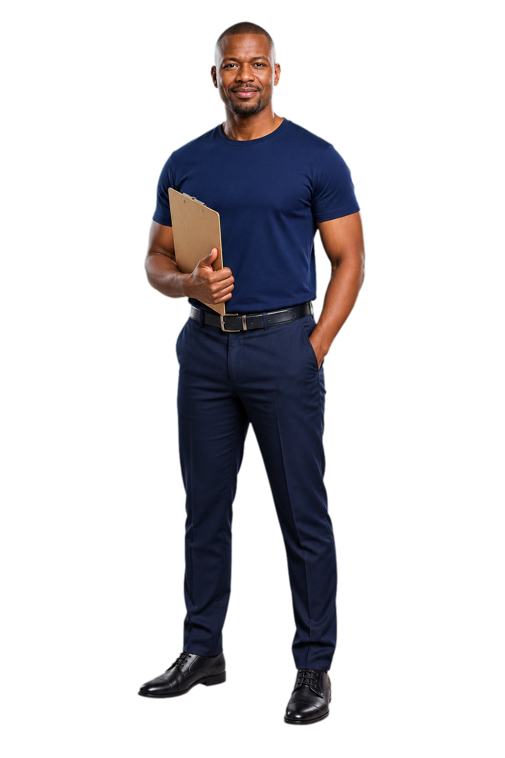 Operations manager holding a clipboard in a navy bulk-order T-shirt