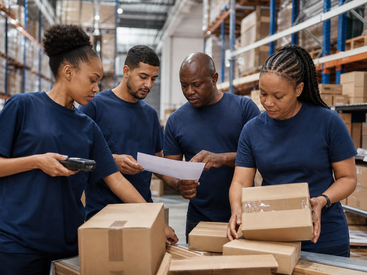 Distribution centre staff in matching navy branded T-shirts