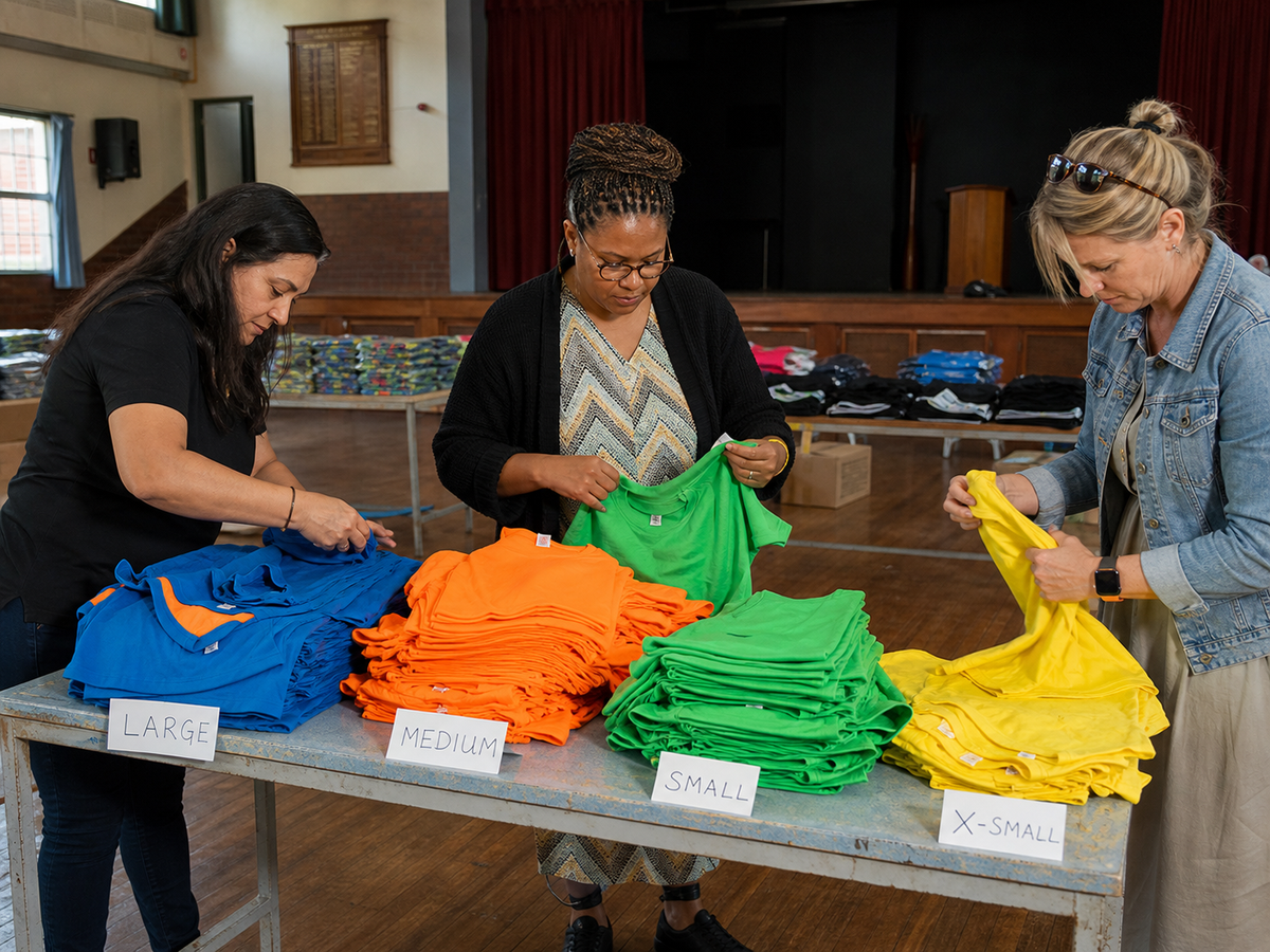 School event organisers sorting colourful bulk T-shirt sizes