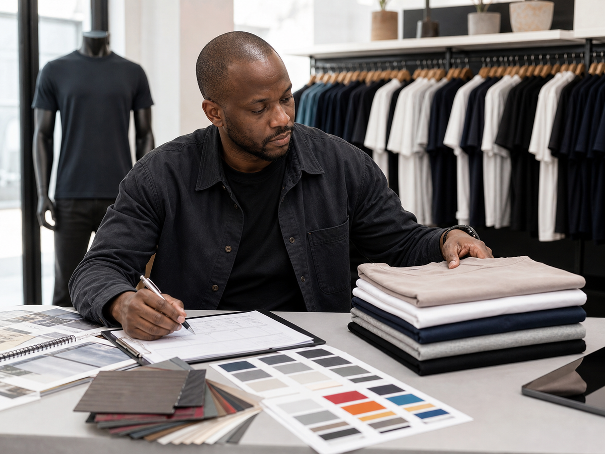Apparel reseller reviewing folded blank T-shirts and order paperwork